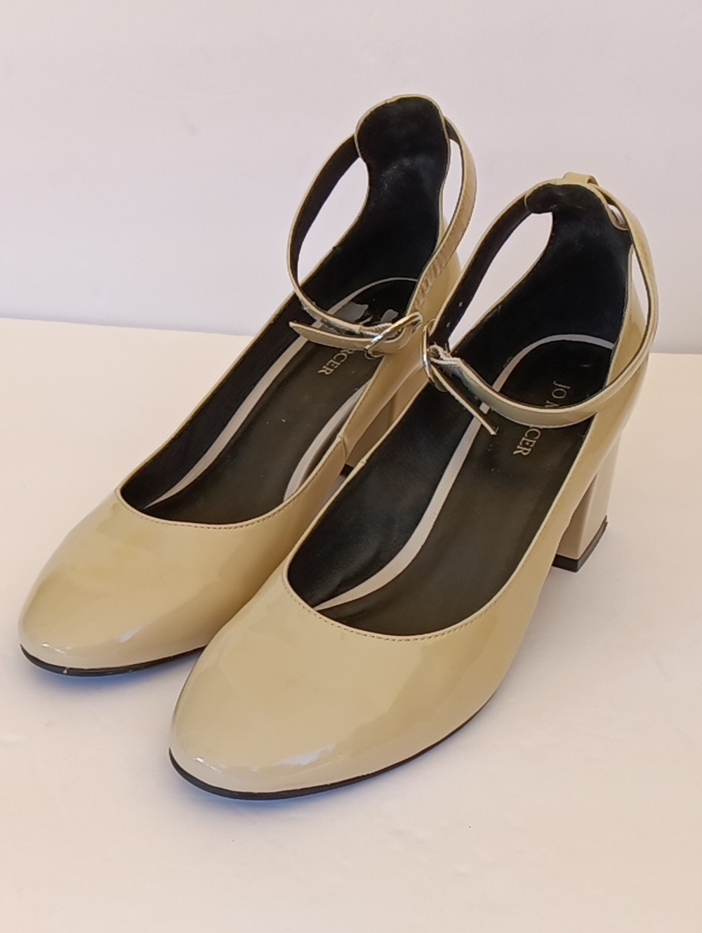 Jo Mercer Chunky Heel Ankle Strap Pump Tan Patent Leather Size 7.5